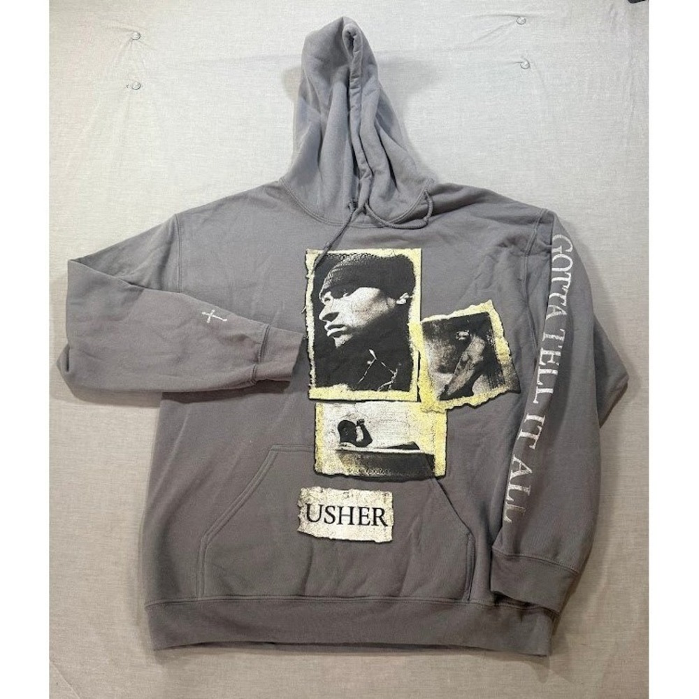 Usher Gotta Tell It‎ All Graphic Hoodie Grey Patchwork Streetwear Sweatshirt